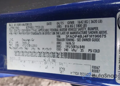 2015 Ford Fiesta Se z USA, uszkodzony, nr VIN 3FADP4BJ4FM196675